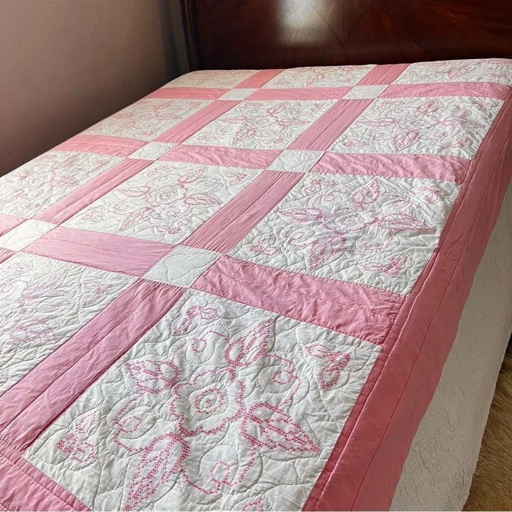 70”x90” Vintage Hand made, Hand Stitched and Hand Embroidered Cotton Quilt.